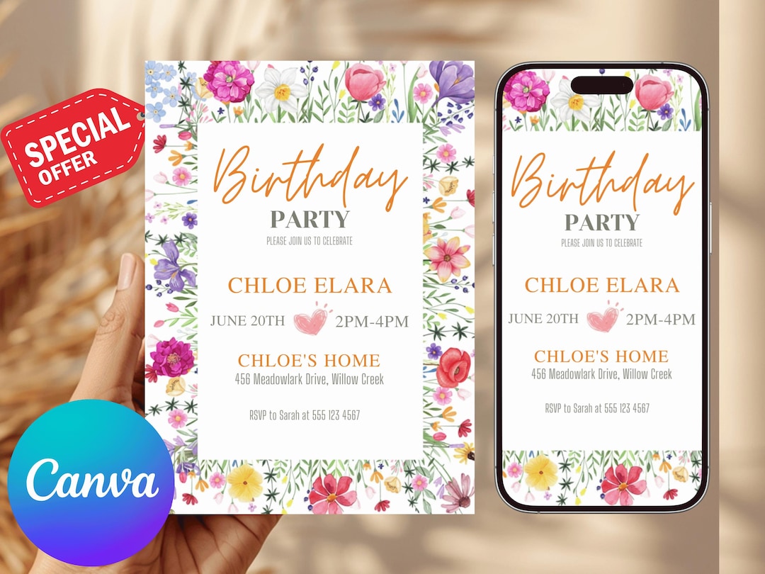 Editable Wildflower Botanical Birthday Party Invitation, Canva Template ...