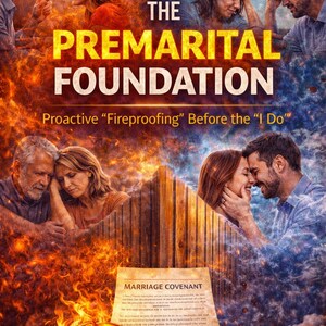 May include: A movie poster for "The Premarital Foundation" by YR Spence. The poster features couples in various emotional states, with flames and a marriage covenant document. Gold wedding rings are in the foreground. The tagline reads "Proactive Fireproofing Before the I Do."