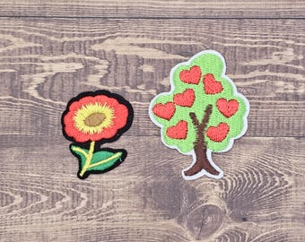 Embroidered Flower and Heart Tree Patches – Iron-On Appliques