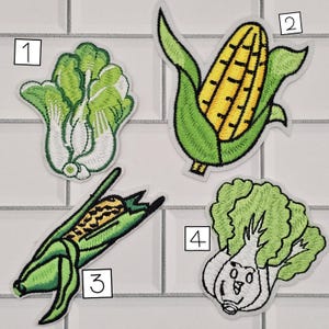 Embroidered Corn and Bok Choy Patches – Bright Vegetable Appliques
