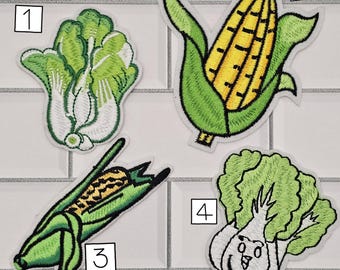 Embroidered Corn and Bok Choy Patches – Bright Vegetable Appliques