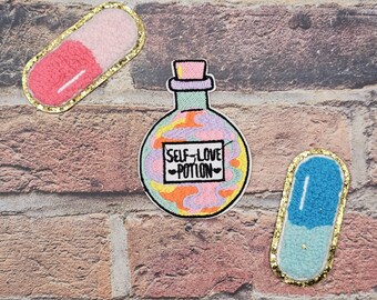 Patches potion bottle and chenille pills