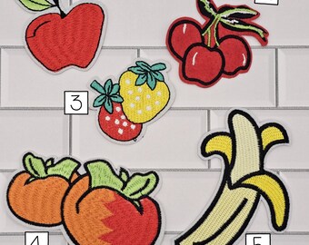 Embroidered Fruit Patches: Apple, Cherries, Strawberries, Peaches, Banana