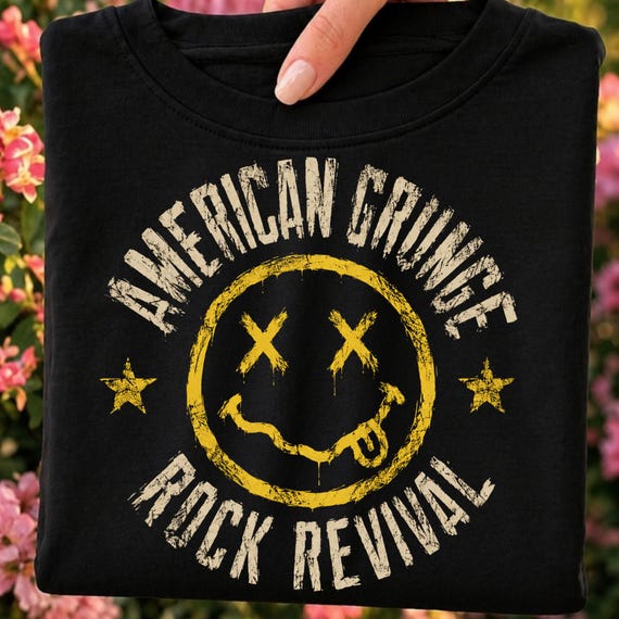 American Grunge Rock Revival Smiley Face PNG, Retro Distressed Music Graphic (Digital Download)