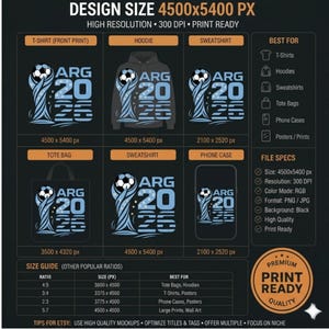 Puede incluir: Un archivo de dise&ntilde;o gr&aacute;fico digital que presenta una ilustraci&oacute;n de un trofeo de f&uacute;tbol con un bal&oacute;n en la parte superior y el texto ARG 2026 en azul claro. El dise&ntilde;o muestra el gr&aacute;fico aplicado en camisetas, sudaderas, bolsos y fundas.