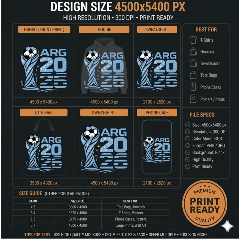Puede incluir: Un archivo de dise&ntilde;o gr&aacute;fico digital que presenta una ilustraci&oacute;n de un trofeo de f&uacute;tbol con un bal&oacute;n en la parte superior y el texto ARG 2026 en azul claro. El dise&ntilde;o muestra el gr&aacute;fico aplicado en camisetas, sudaderas, bolsos y fundas.