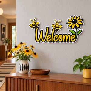 Sunny Bee Welcome Sign, Bee Wall Decor, Sunflower Welcome Sign, Retro Spring Decor, Layered Acrylic Entryway Sign 画像 2