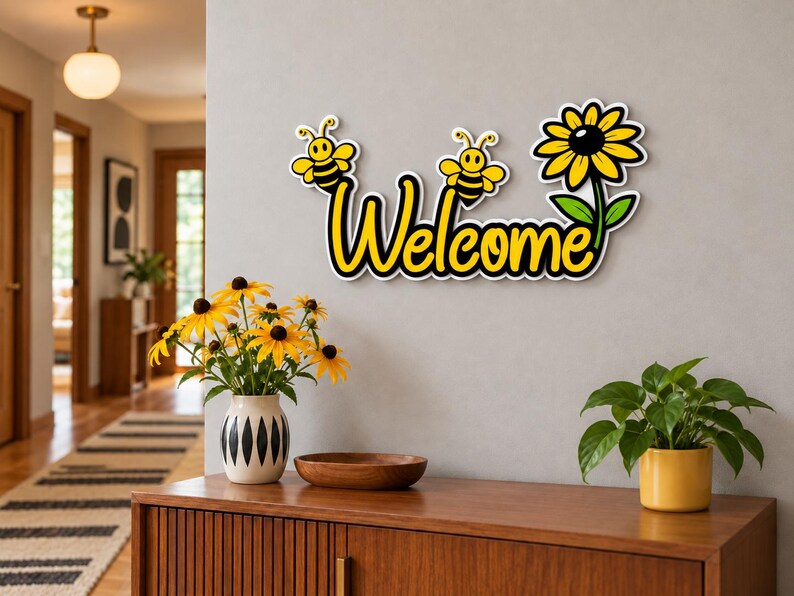 Sunny Bee Welcome Sign, Bee Wall Decor, Sunflower Welcome Sign, Retro Spring Decor, Layered Acrylic Entryway Sign 画像 2