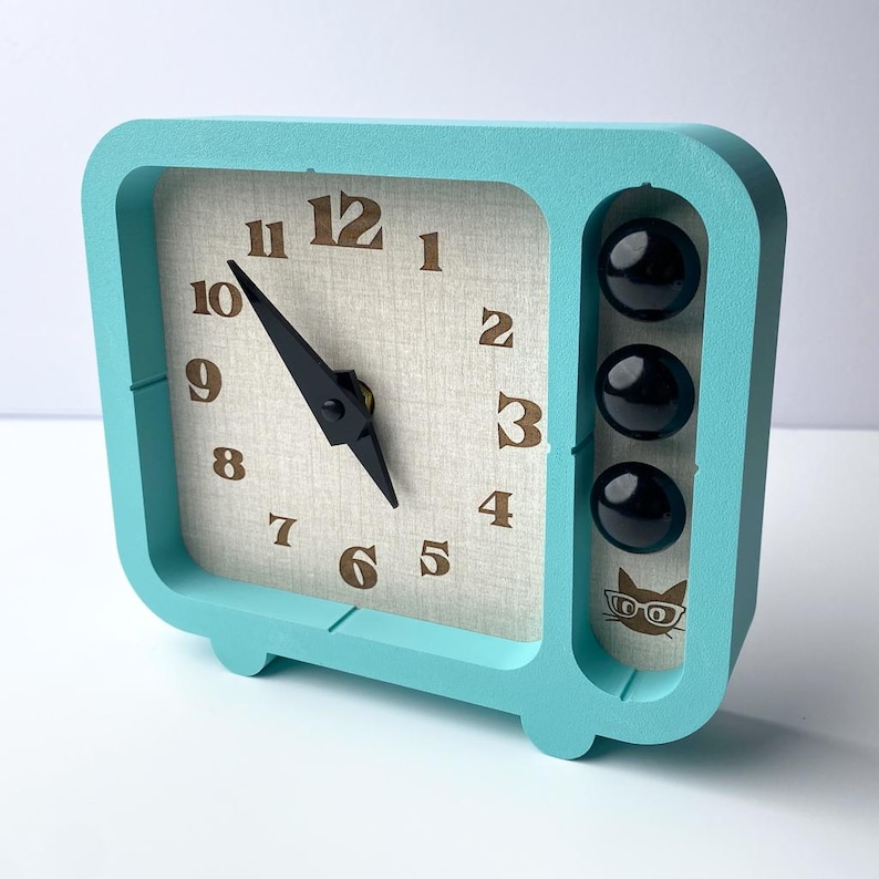 Block Clock Retro Table Clock, Mid Century Modern Desk Clock, Wood Grain Clock Face, Atomic MCM Decor, Vintage Inspired Clock Arctic Teal