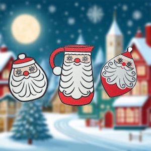 May include: Three Christmas ornaments with Santa Claus designs. The ornaments are red and white with black outlines. One is a Santa head, another is a pitcher, and the third is a teardrop shape. The background is a snowy winter scene.
