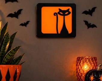 Cuadro decorativo de Halloween con diseño de gatito oscuro / Decoración retro de Halloween en acrílico / Adorno de pared de gato negro de inspiración vintage / Decoración kitsch y espeluznante