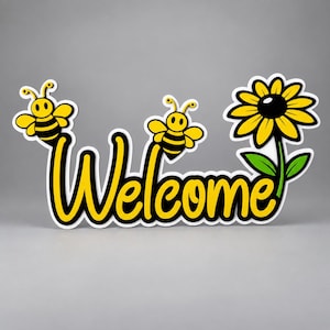 Sunny Bee Welcome Sign, Bee Wall Decor, Sunflower Welcome Sign, Retro Spring Decor, Layered Acrylic Entryway Sign 画像 1