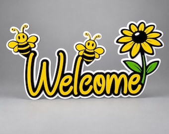 Sunny Bee Welcome Sign, Bee Wall Decor, Sunflower Welcome Sign, Retro Spring Decor, Layered Acrylic Entryway Sign