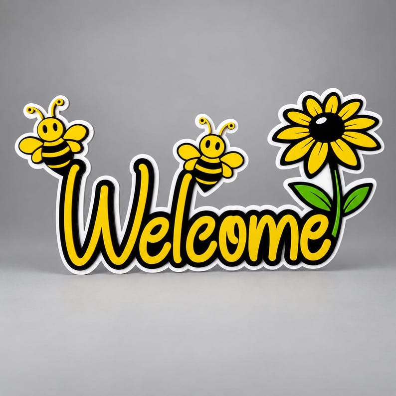 Sunny Bee Welcome Sign, Bee Wall Decor, Sunflower Welcome Sign, Retro Spring Decor, Layered Acrylic Entryway Sign 画像 1