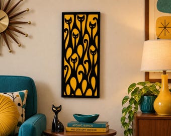 ModBlock Cat Art Panel, Mid Century Modern Cat Decor, Sexton Inspired Atomic Cat Wall Panel, Custom Color MCM Wall Art