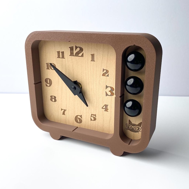 Block Clock Retro Table Clock, Mid Century Modern Desk Clock, Wood Grain Clock Face, Atomic MCM Decor, Vintage Inspired Clock Brown