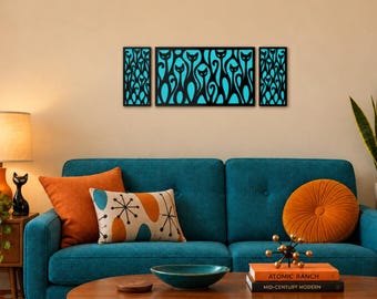 ModBlock Cats Triptych Wall Art, Mid Century Modern Cat Decor, Sexton Inspired Atomic Cat Wall Panels, Custom Color MCM Wall Art