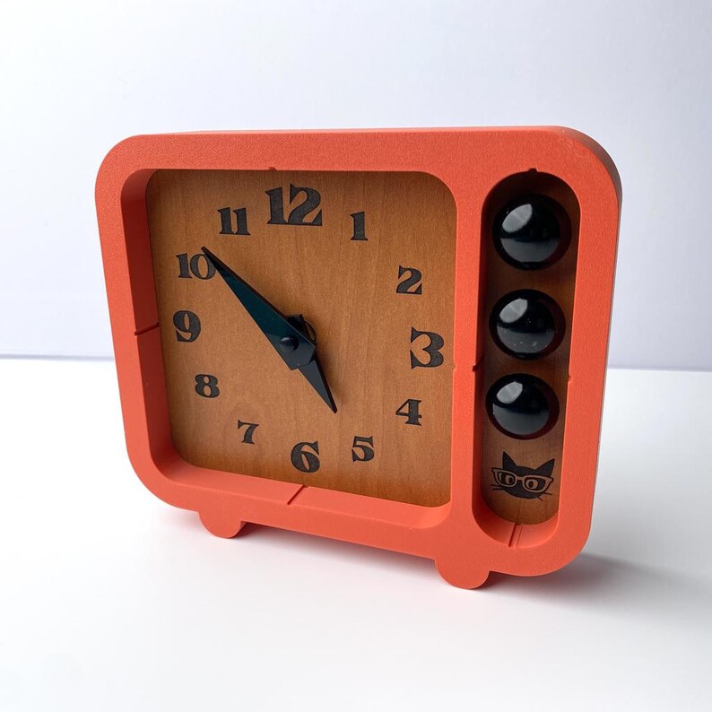 Block Clock Retro Table Clock, Mid Century Modern Desk Clock, Wood Grain Clock Face, Atomic MCM Decor, Vintage Inspired Clock Dark Orange