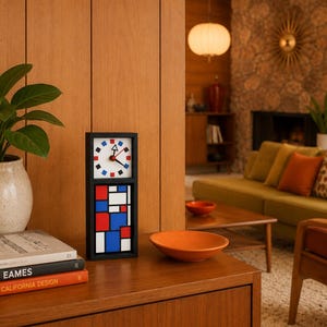 May include: A rectangular black-framed clock featuring a white face with blue and red square hour markers and black hands. Below the clock face is a vertical panel decorated with a geometric grid of white, blue, and red rectangular blocks.