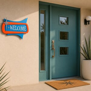Panneau de bienvenue Starlite – Plaque de porte rétro atomique en acrylique – Panneau d'adresse personnalisé style moderne du milieu du siècle – Décoration murale intérieure/extérieure image 4