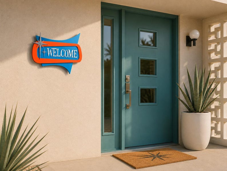 Panneau de bienvenue Starlite – Plaque de porte rétro atomique en acrylique – Panneau d'adresse personnalisé style moderne du milieu du siècle – Décoration murale intérieure/extérieure image 4