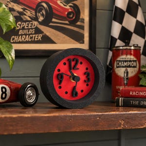 Red Racer Dot Clock – Retro Racing Desk Clock, Mid Century Modern Clock, Vintage Inspired Shelf Decor, Red Black Clock