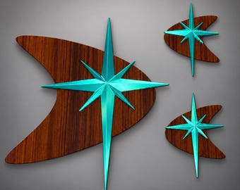 Boomerang Bursts Wall Art Set | Mid Century Modern Starburst Decor | Retro Atomic Wall Art | Acrylic and Silk PLA Trio
