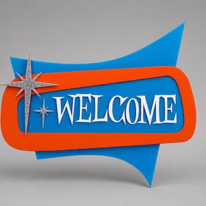 Panneau de bienvenue Starlite – Plaque de porte rétro atomique en acrylique – Panneau d'adresse personnalisé style moderne du milieu du siècle – Décoration murale intérieure/extérieure image 1