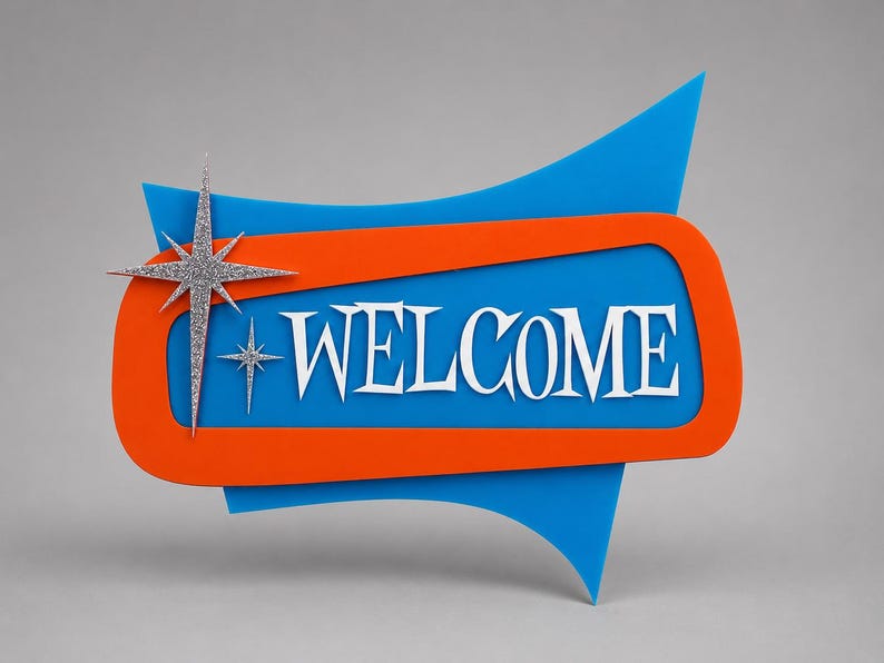 Panneau de bienvenue Starlite – Plaque de porte rétro atomique en acrylique – Panneau d'adresse personnalisé style moderne du milieu du siècle – Décoration murale intérieure/extérieure image 1
