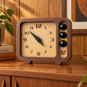 Block Clock Retro Table Clock, Mid Century Modern Desk Clock, Wood Grain Clock Face, Atomic MCM Decor, Vintage Inspired Clock image 1
