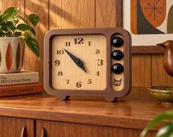 Block Clock Retro Table Clock, Mid Century Modern Desk Clock, Wood Grain Clock Face, Atomic MCM Decor, Vintage Inspired Clock