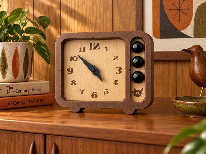 Block Clock Retro Table Clock, Mid Century Modern Desk Clock, Wood Grain Clock Face, Atomic MCM Decor, Vintage Inspired Clock image 1