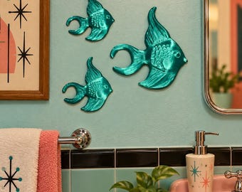 Fish Friends Wall Art | Retro 3D Printed Fish Decor | Mid Century Modern Bathroom Wall Art | Shiny Atomic Fish Set