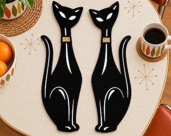 Majestic Twins Cat Wall Art Set, Mid Century Modern Black Cat Decor, Sexton Inspired Acrylic Cats, Retro MCM Wall Hanging