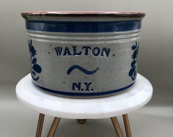 Walton NY Stoneware Butter Crock • Cobalt Floral Salt Glaze • Albany Slip Interior • Signed Studio Pottery
