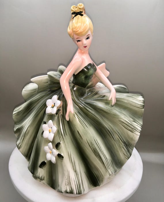 Vintage Lefton Lady Planter 290B • Green Dress • Mid‑Century Japan • Floral Ceramic Figurine