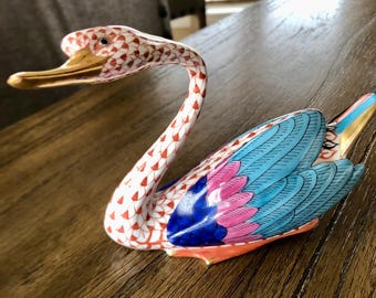 Herend Goose #17 • Rust Fishnet • Large Figurine • Full‑Color Wings • Hand‑Painted Hungary Porcelain