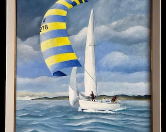 VINTAGE Captain R.H Knight Sailing Regetta Original Framed Oil Painting 1970