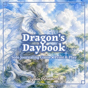 May include: A fantasy-themed print featuring a white dragon with blue accents, set against a backdrop of floating islands and a cloudy sky. The text "Dragon's Daybook" is prominently displayed, along with "Solo Journaling Game" and "Print & Play".