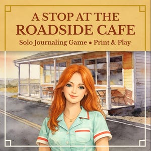 May include: Watercolor illustration for a solo journaling game titled "A Stop at the Roadside Cafe." The image features a woman with red hair in a teal uniform, standing in front of a cafe. The text "Print & Play" is also visible.