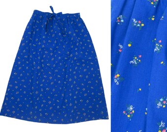 Vintage 1970s Blue Floral Cotton A-line Skirt Elastic Waist