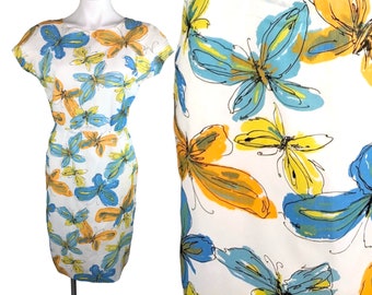 Vintage 50s 60s Watercolor Butterfly Novelty Print Cap Sleeve Dress White Blue