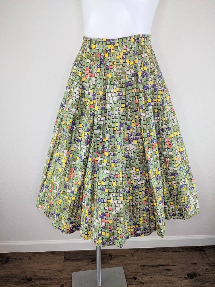 Vintage 1950s Geometric Mosaic Tile Novelty Print Cotton Skirt Small - Etsy