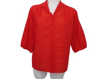 Vintage 70s red floral lace button up blouse