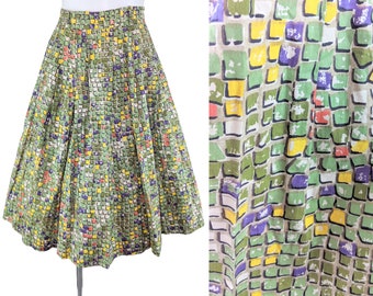 Vintage 1950s geometric mosaic tile novelty print cotton skirt small