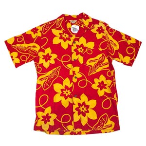 Vintage Original 1950&#39;s Kiilani Hawaiian Tiki Aloha Shirt Red Yellow Floral Loop