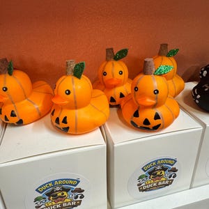 May include: Four orange rubber ducks shaped like pumpkins with black jack-o'-lantern faces, green glitter leaves, and cork stems. Each duck sits on a white box featuring a circular sticker with a pirate duck logo and the text DUCK AROUND DUCK BAR.