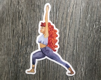 May include: A watercolor illustration of a person doing a yoga pose. The person has red hair and is wearing a purple top and blue pants. The background is a wood grain texture.