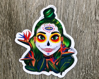 Day of the dead girl vinyl sticker- Halloween dia de los muertos sticker green hair