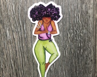 May include: A sticker featuring a woman with purple hair in a yoga pose. She is wearing a pink top and green pants.